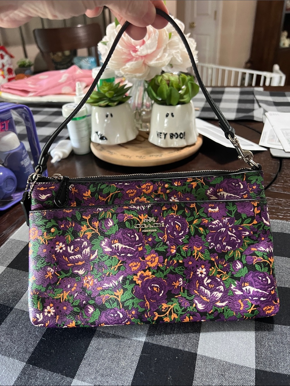 Coach Purple Floral Zip Wristlet with Orange & Green Accents